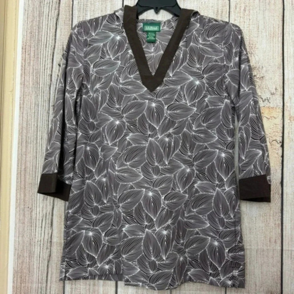 LL Bean Popover Hoodie Tunic Top Brown White Leaf Cover Up Casual Womens medium